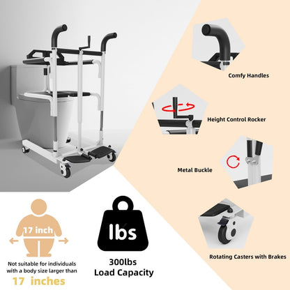 Patient Lift Transfer Chair Bathroom Wheelchair w/ 180° Split Seat and Commode