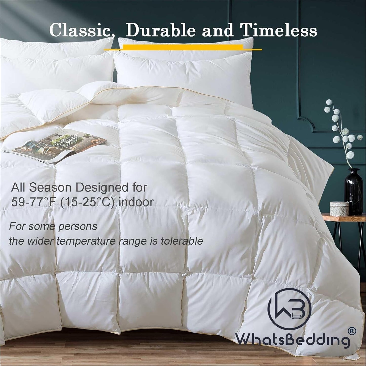 WhatsBedding Puffy White Feather Comforter Oversize King with Feathers Down