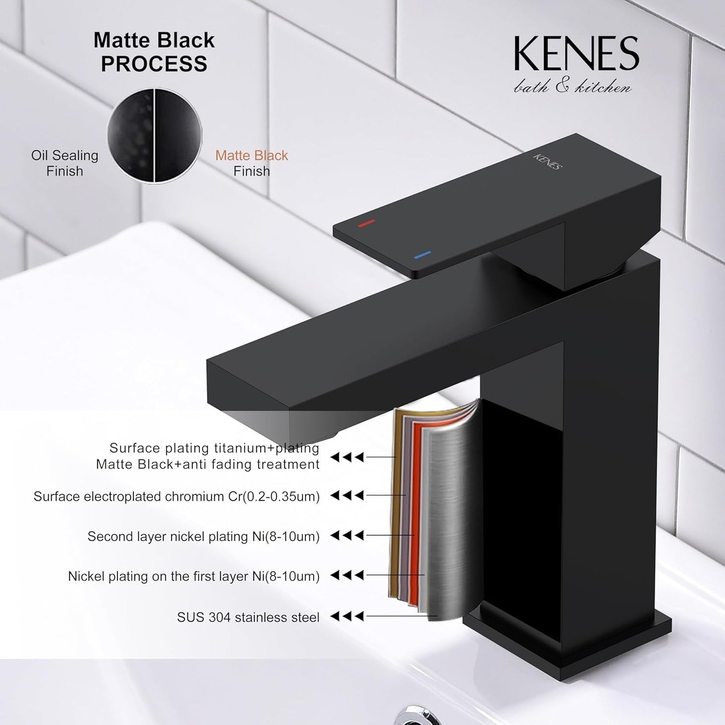 KENES Matte Black Single Handle Bathroom Sink Faucet, Stainless Steel Vanity