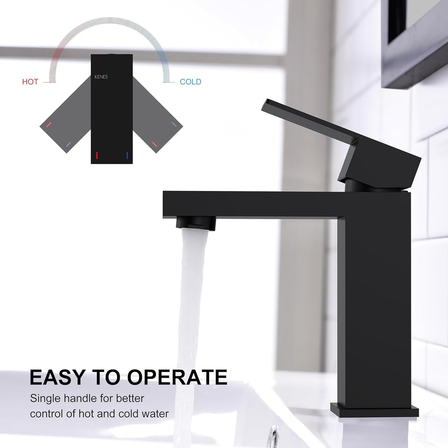 KENES Matte Black Single Handle Bathroom Sink Faucet, Stainless Steel Vanity