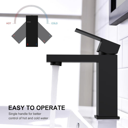 KENES Matte Black Single Handle Bathroom Sink Faucet, Stainless Steel Vanity