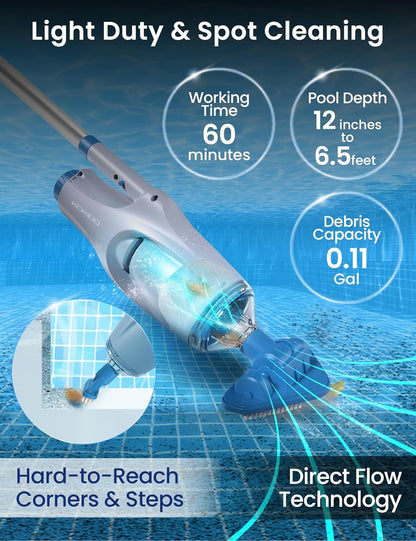 KOKIDO (2025) Rechargeable Handheld Pool Vacuum, Aluminum Pole and 2 Brush Heads