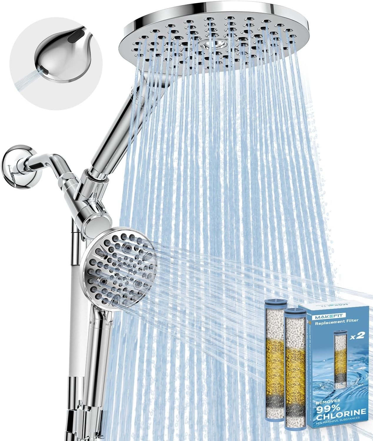 Dual Filtered Rain Shower Head Combo, Handheld Shower Head with Adjustable Bar