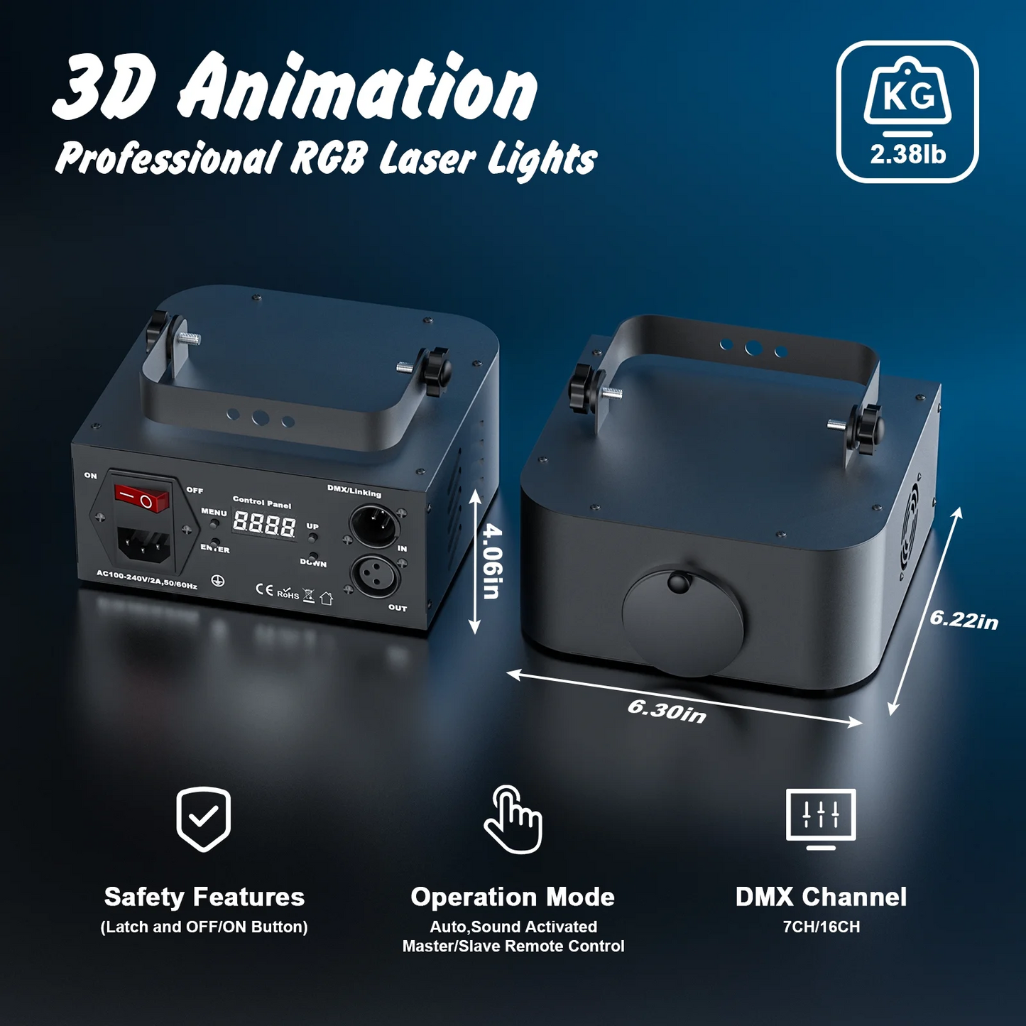 DJ Laser Party Lights, 3D Animation RGB Lazer Stage Lighting, DMX512 Music Sound