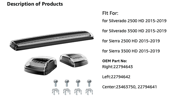 Amber LED Cab Roof Light Compatible with 2015-2019 Silverado Sierra 2500HD 3500H