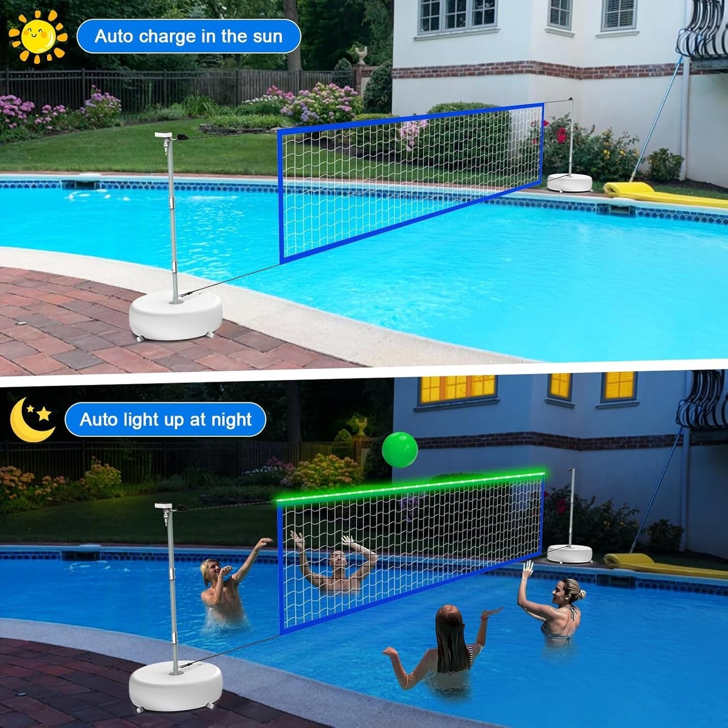Light-Up Pool Volleyball Net Set with Solar Lights - 15ft-32ft Adjustable Length