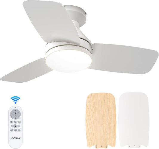 Amico Ceiling Fans with Lights, 30 inch Low Profile Ceiling Fan with Light