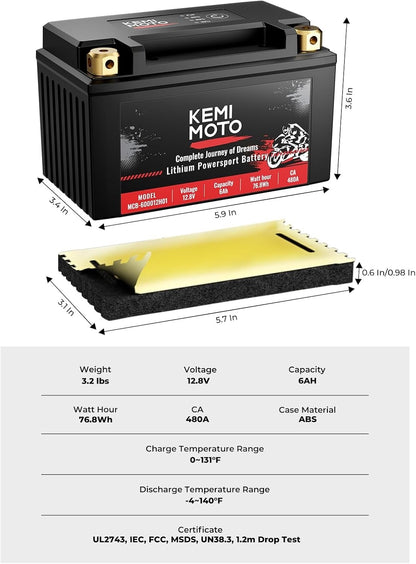 KEMIMOTO Lithium Motorcycle Battery YTX14-BS/YTX9-BS, LiFePO4 Lithium Battery