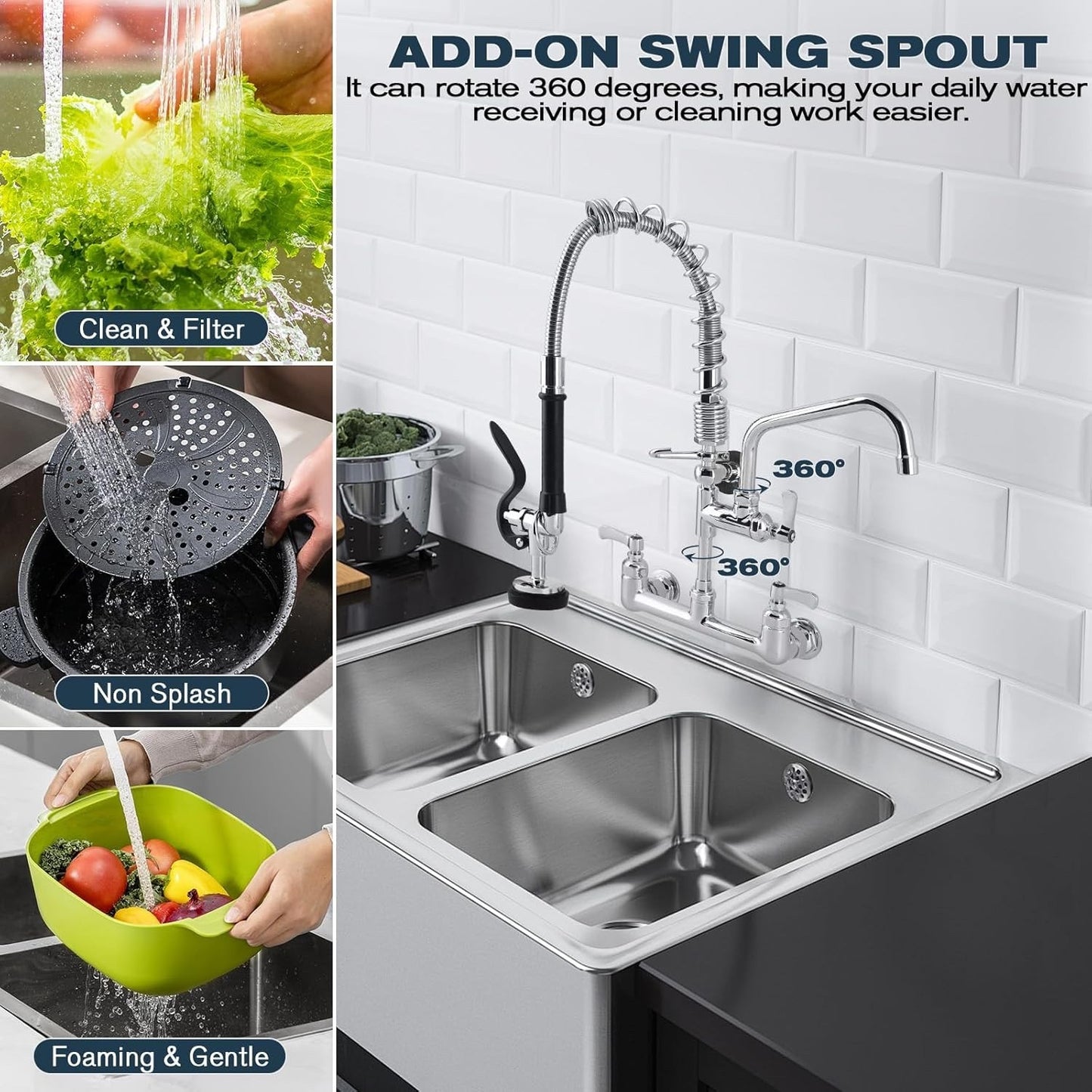 Commercial Sink Faucet - 25" Height Wall Mount With Pre-Rinse Sprayer - 8" Adjus