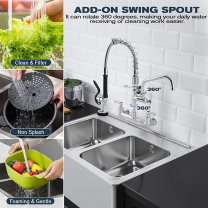 Commercial Sink Faucet - 25" Height Wall Mount With Pre-Rinse Sprayer - 8" Adjus