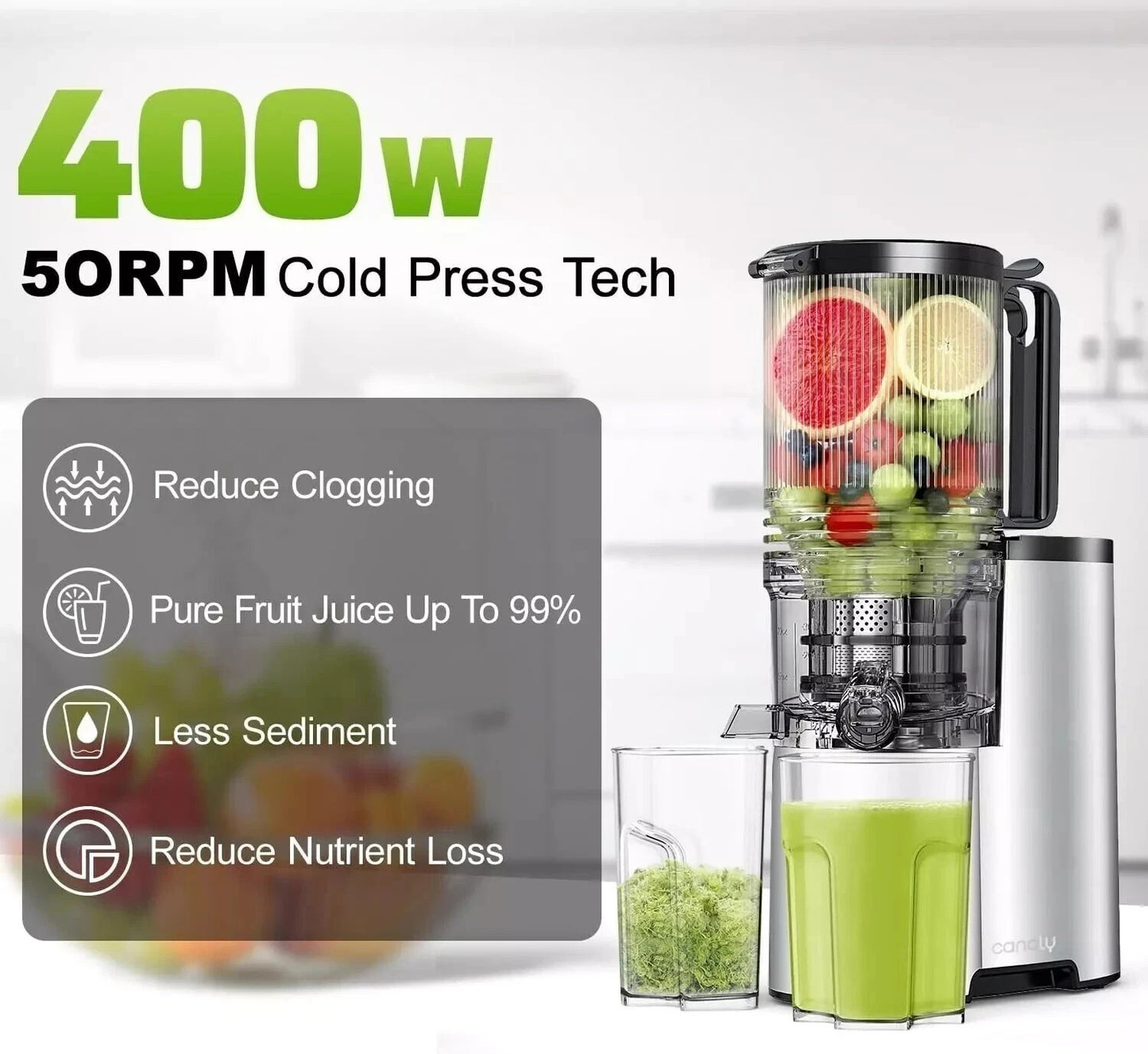 Canoly Cold Press Masticating Juicer JE-75B Extra Large 5.4" Feed 400W Easy Clea