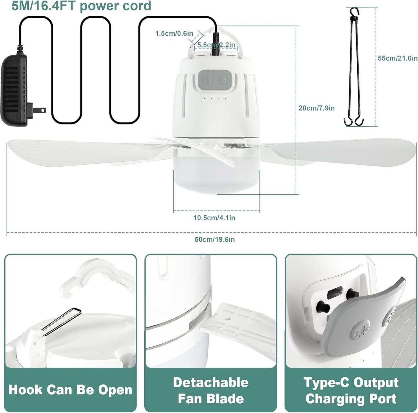 Canopy Fan 20'', 20000mAh Portable Outdoor Ceiling Fan with Light with Remote...