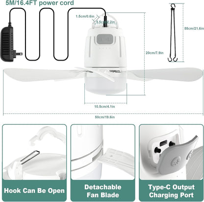 Canopy Fan 20'', 20000mAh Portable Outdoor Ceiling Fan with Light with Remote...