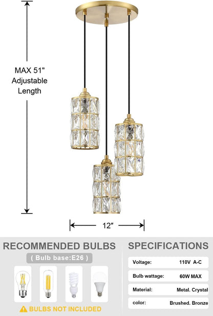 Doraimi Lighting 3 Light Crystal Ceiling Chandelier Light with Brushed Bronze