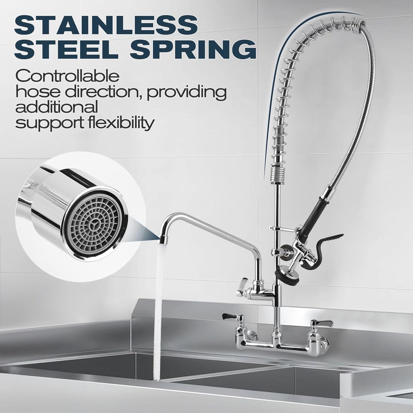 Commercial Sink Faucet - 25" Height Wall Mount With Pre-Rinse Sprayer - 8" Adjus