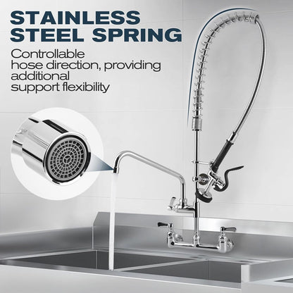 Commercial Sink Faucet - 25" Height Wall Mount With Pre-Rinse Sprayer - 8" Adjus