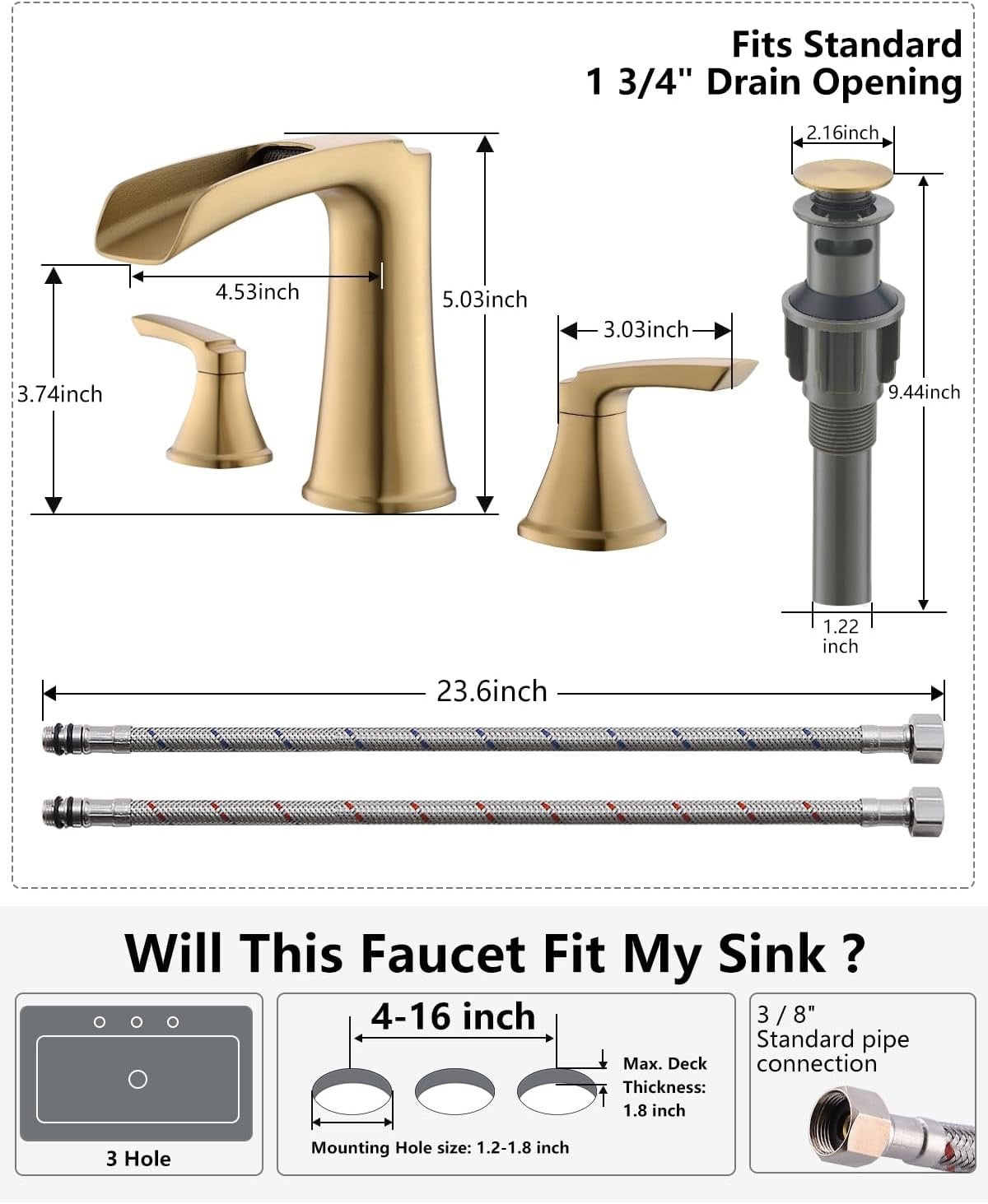 Fapully Brushed Gold Bathroom Faucet 3 Hole, Waterfall 8 Inch Widespread Bathroo