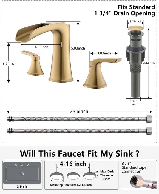 Fapully Brushed Gold Bathroom Faucet 3 Hole, Waterfall 8 Inch Widespread Bathroo