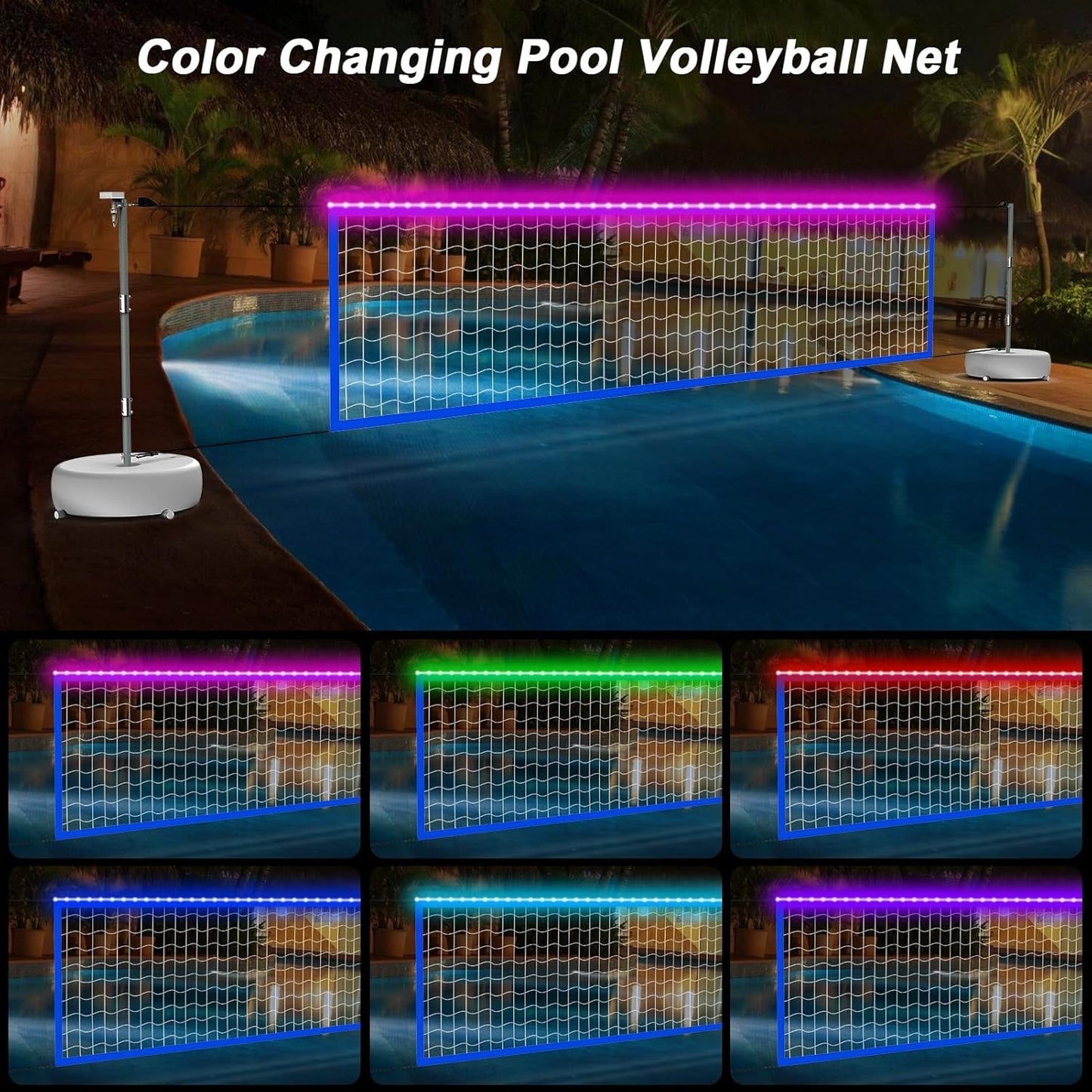 Light-Up Pool Volleyball Net Set with Solar Lights - 15ft-32ft Adjustable Length
