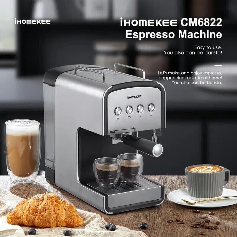 Ihomekee CM6822 Silver Black 15-Bar Fast Heating Removable Tank Espresso Machine