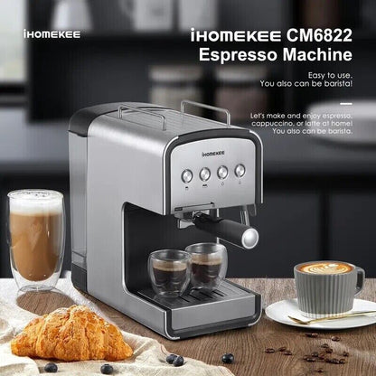 Ihomekee CM6822 Silver Black 15-Bar Fast Heating Removable Tank Espresso Machine