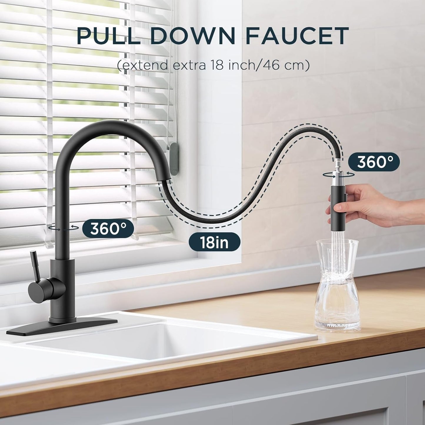 FORIOUS Black Kitchen Faucet with Pull Down Sprayer, High Arc Modern Classic Sin