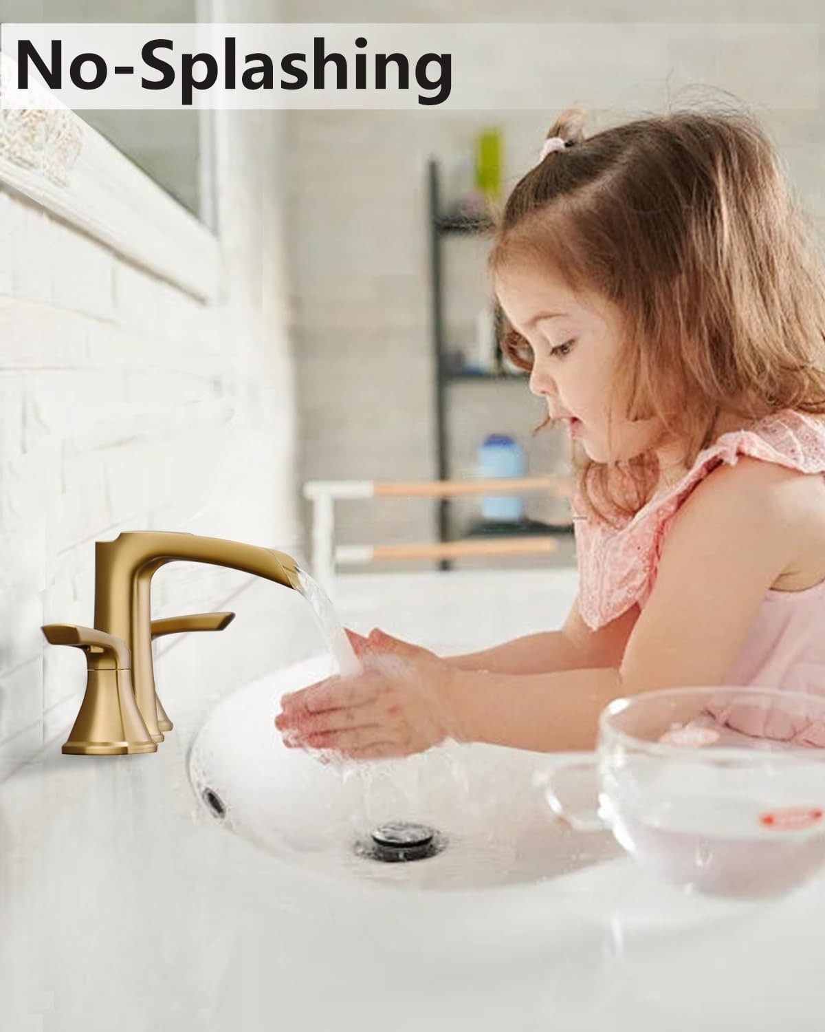 Fapully Brushed Gold Bathroom Faucet 3 Hole, Waterfall 8 Inch Widespread Bathroo