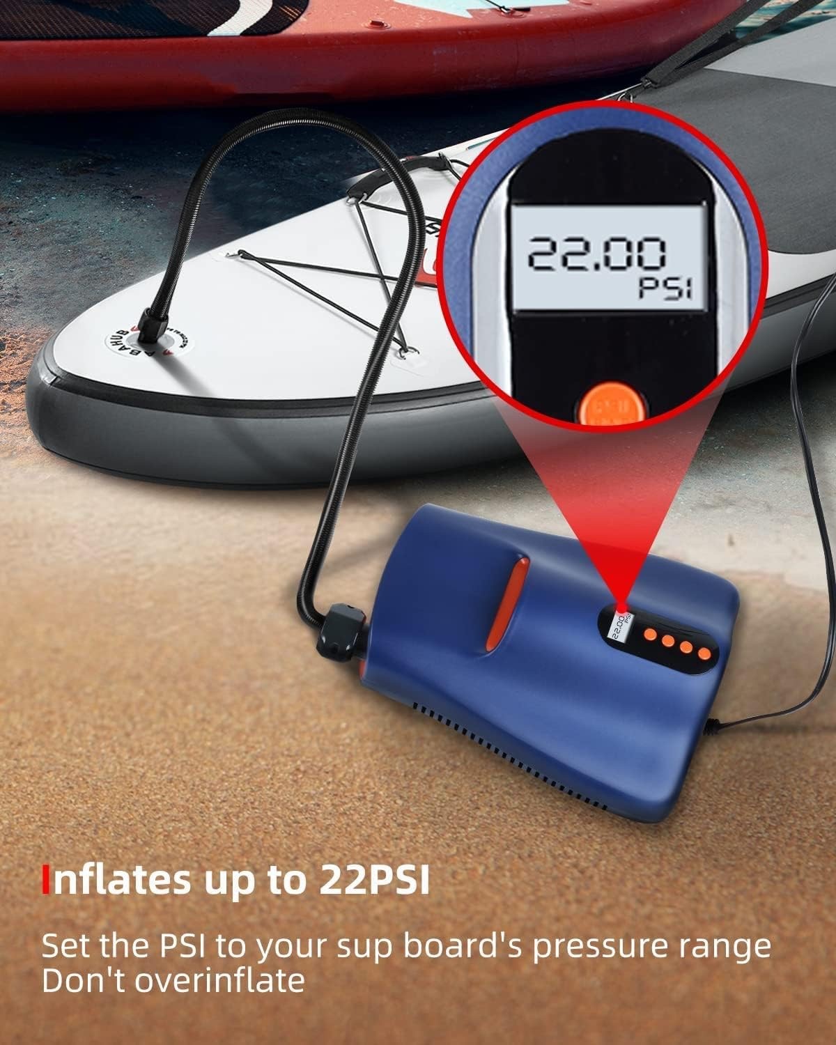 22PSI SUP Electric Air Pump, Portable High Pressure Pump with 6 Nozzles, Auto-Of