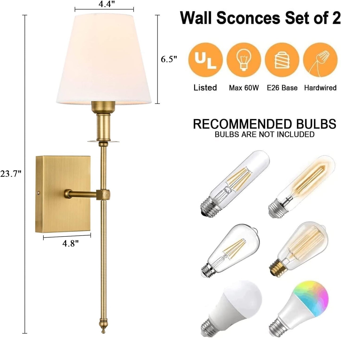 Pauwer Slim Wall Sconces Set of 2 White Fabric Shade Hardwired Indoor Light