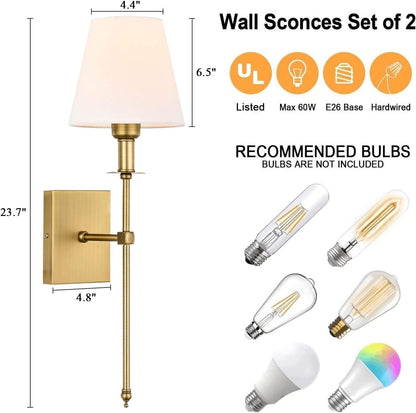 Pauwer Slim Wall Sconces Set of 2 White Fabric Shade Hardwired Indoor Light