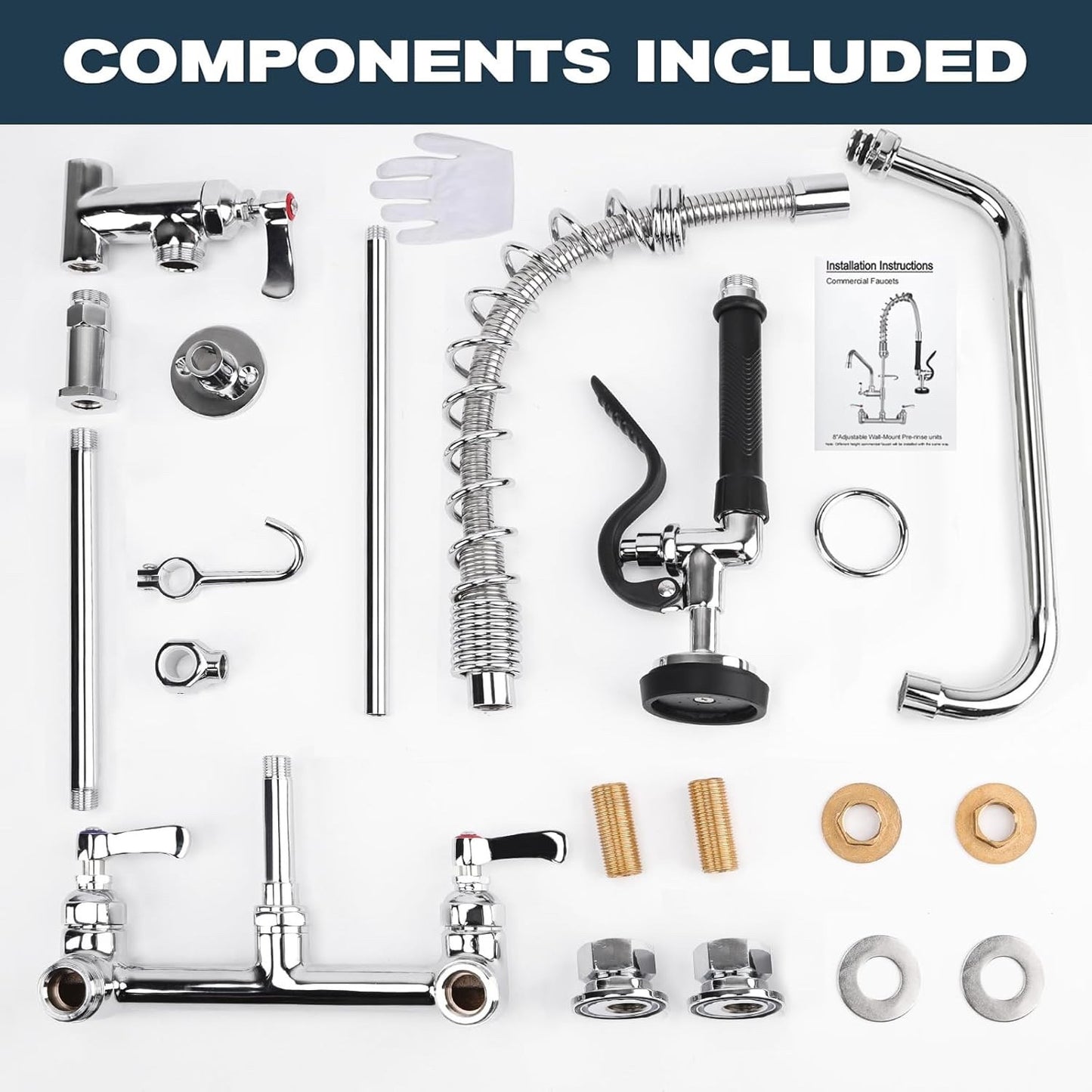 Commercial Sink Faucet - 25" Height Wall Mount With Pre-Rinse Sprayer - 8" Adjus