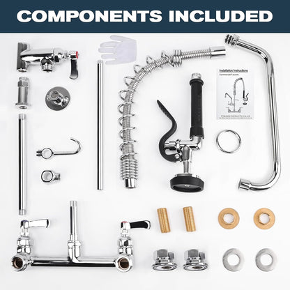Commercial Sink Faucet - 25" Height Wall Mount With Pre-Rinse Sprayer - 8" Adjus