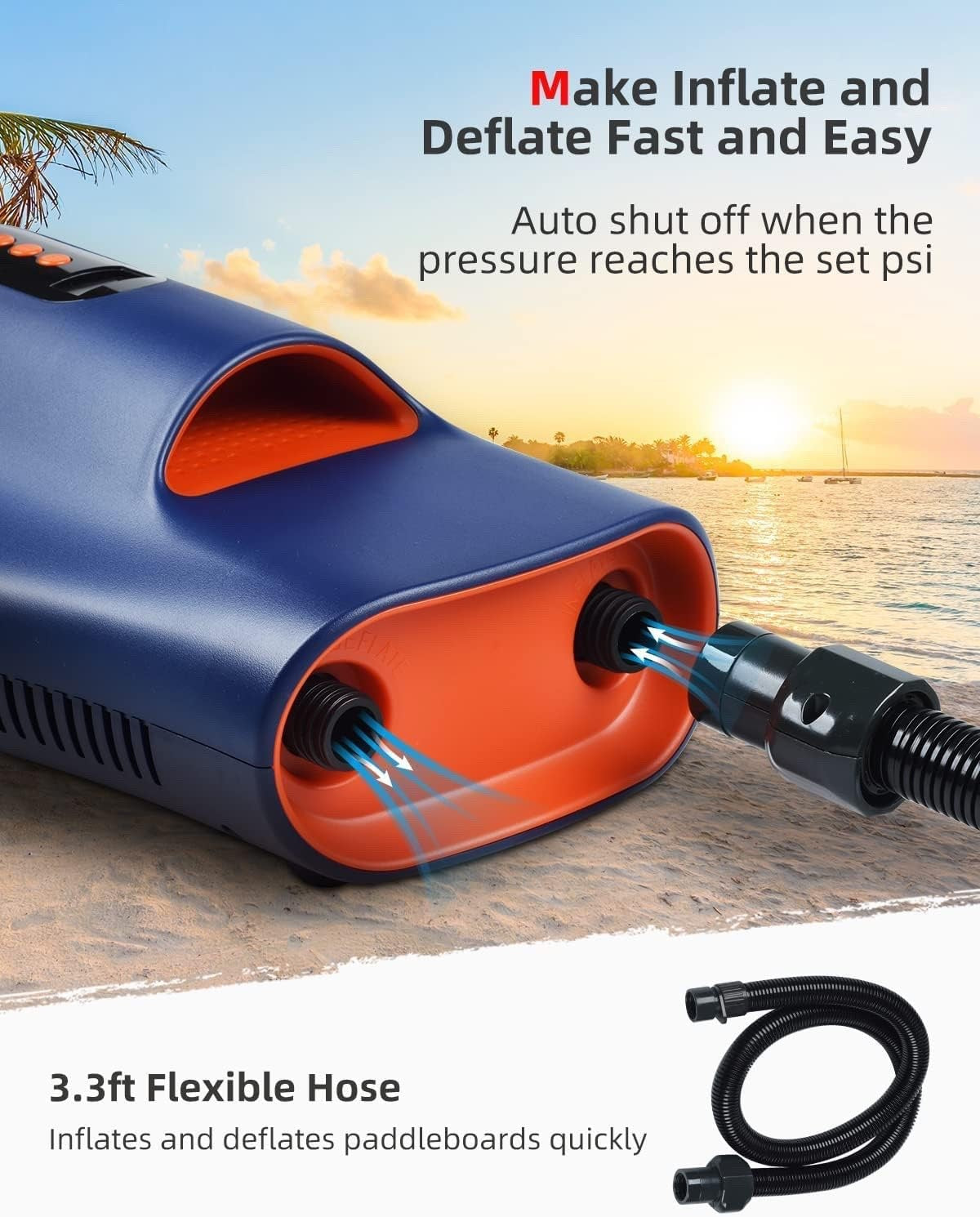 22PSI SUP Electric Air Pump, Portable High Pressure Pump with 6 Nozzles, Auto-Of