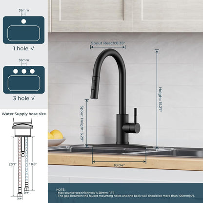 FORIOUS Black Kitchen Faucet with Pull Down Sprayer, High Arc Modern Classic Sin
