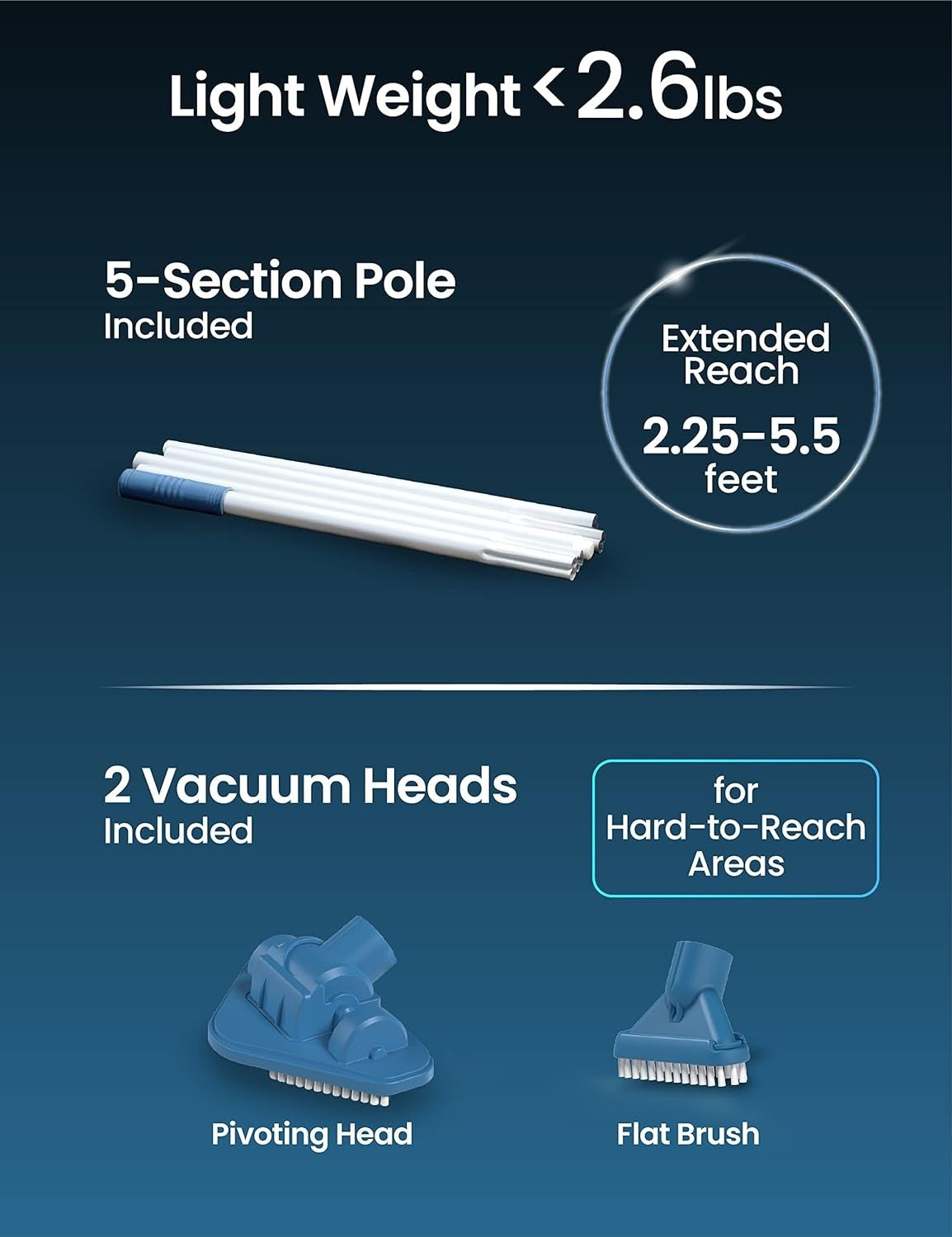 KOKIDO (2025) Rechargeable Handheld Pool Vacuum, Aluminum Pole and 2 Brush Heads