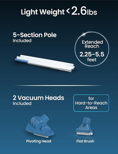 KOKIDO (2025) Rechargeable Handheld Pool Vacuum, Aluminum Pole and 2 Brush Heads