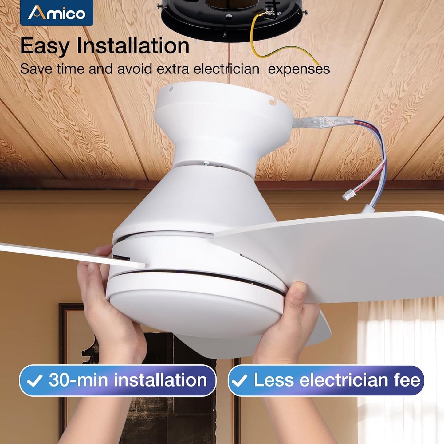 Amico Ceiling Fans with Lights, 30 inch Low Profile Ceiling Fan with Light