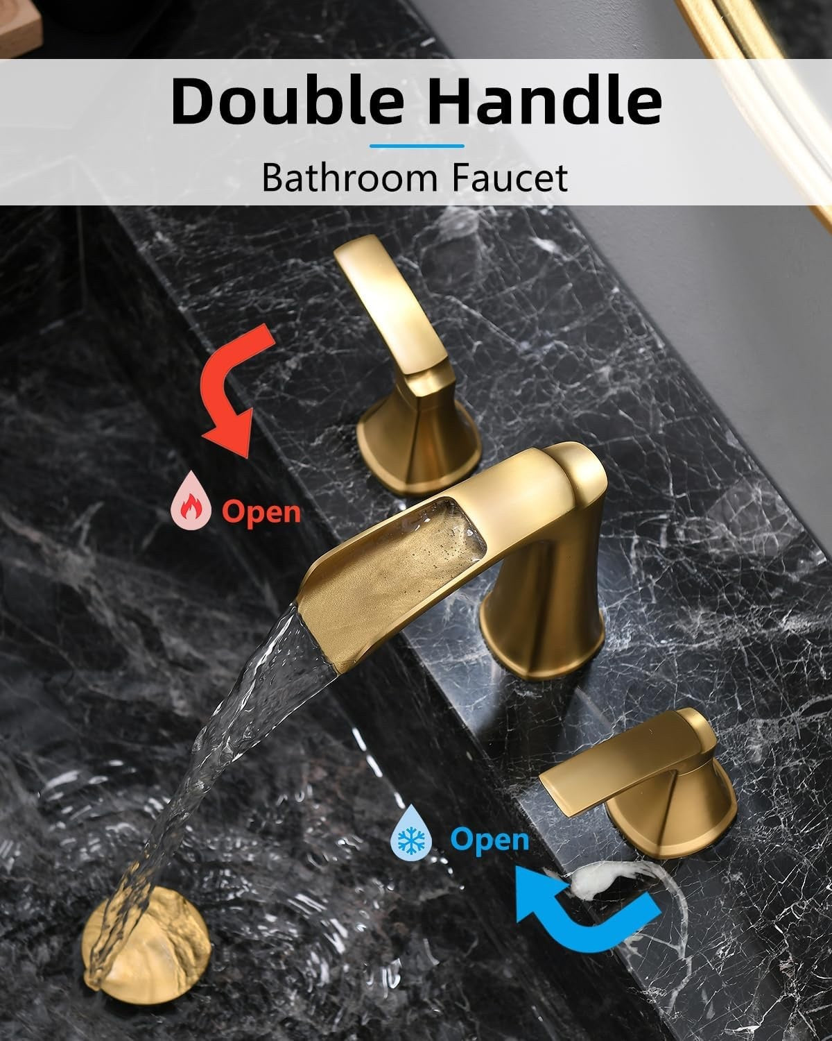 Fapully Brushed Gold Bathroom Faucet 3 Hole, Waterfall 8 Inch Widespread Bathroo