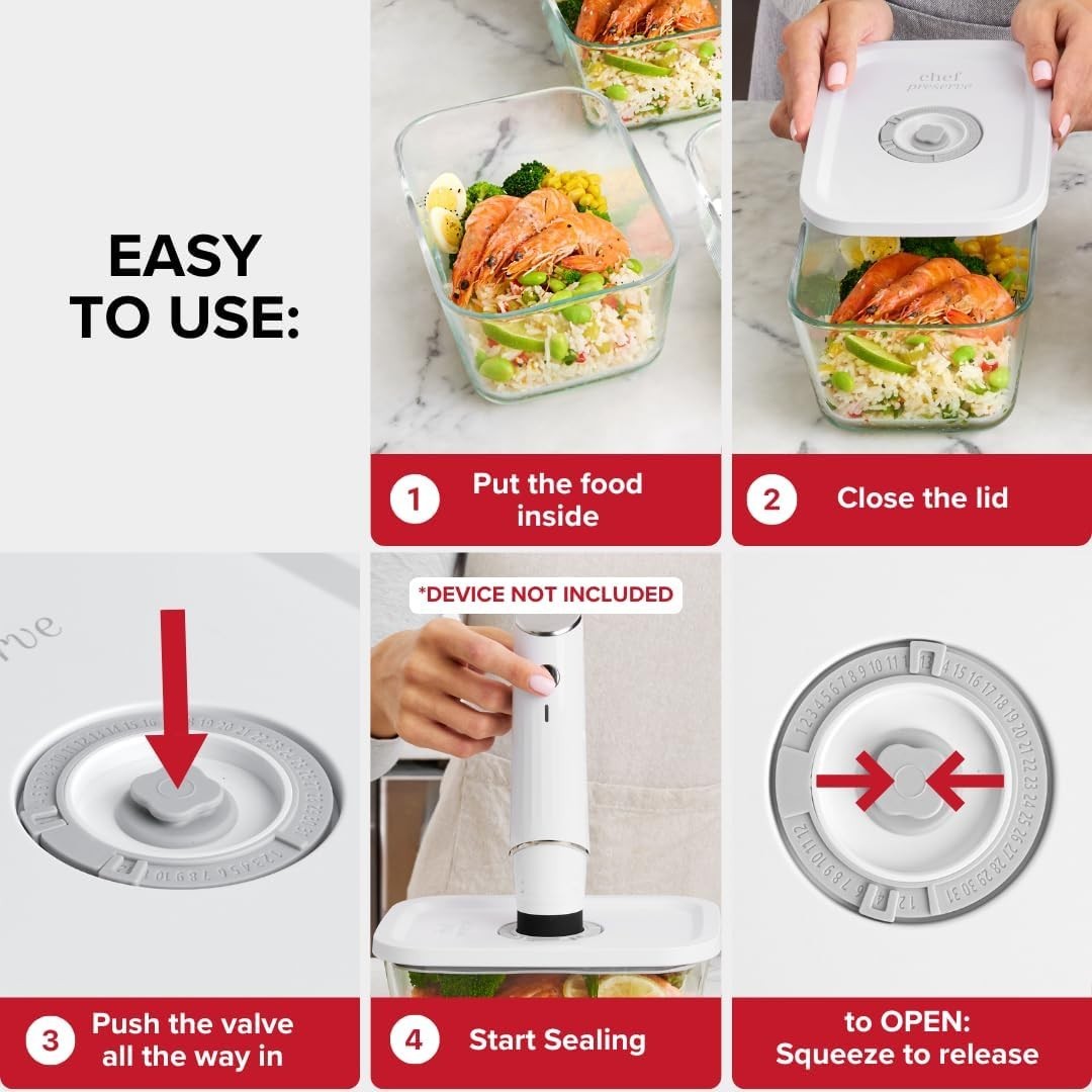 Chef Preserve Glass Vacuum Seal Containers for Food Storage, Made for Compact Va