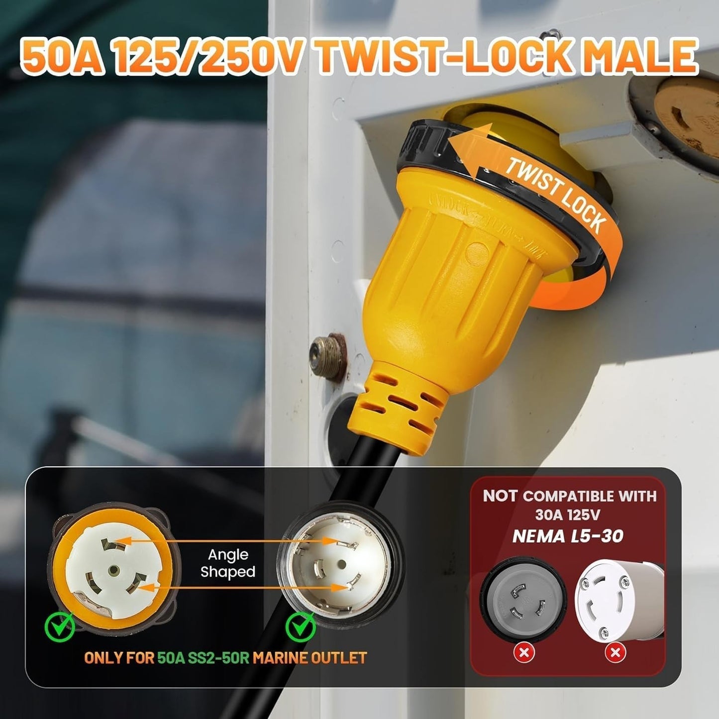 MECMO 50 Amp 125/250V to x (2) 30 Amp 125V Shore Power Adapter, NEMA SS2-50P