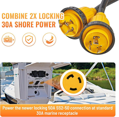 MECMO Marine Shore Power Reverse Y Adapter, 2X L5-30P 30A to SS2-50R 50A 125/250