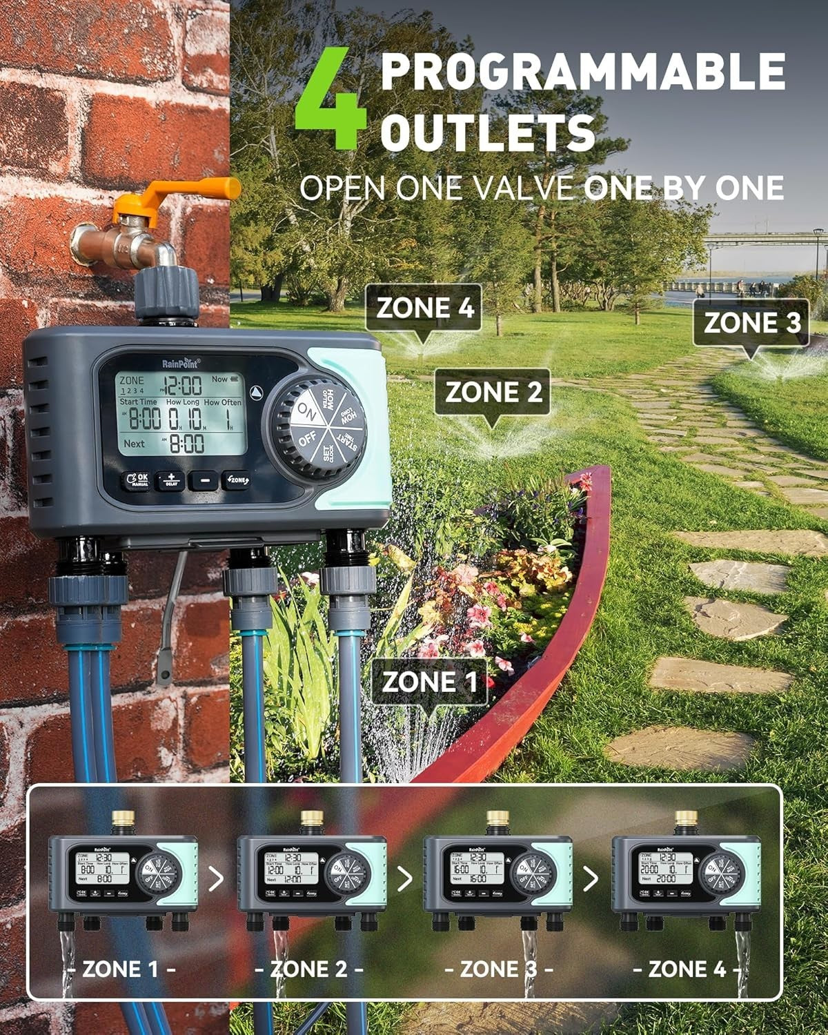 RAINPOINT Sprinkler Timer, 4 Outlets Hose Timers, 4 Zone Water Timer for...