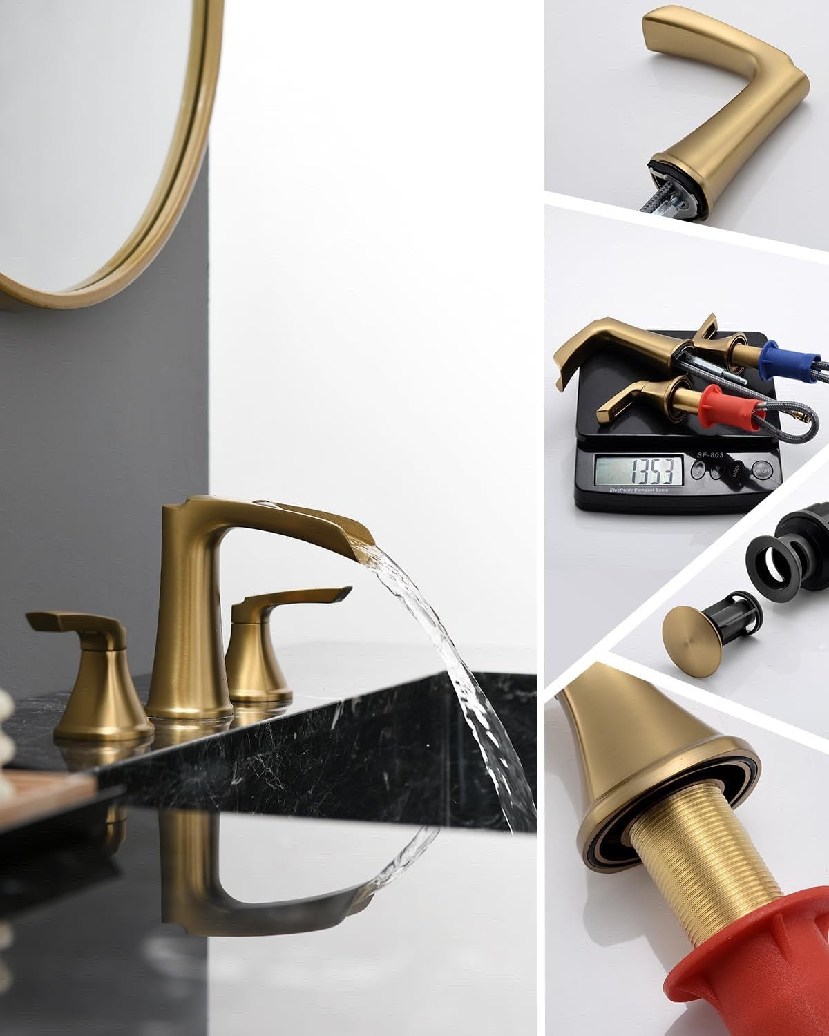 Fapully Brushed Gold Bathroom Faucet 3 Hole, Waterfall 8 Inch Widespread Bathroo